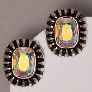 Western Oval Crystal Beaded Edge Post Earrings | Oxidized Silver